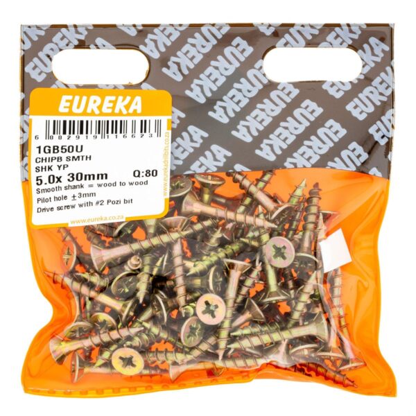 Eureka Chipboard Screw - Smooth Shank - Yellow Passivated -  5.0  x  30mm - 80 Qty