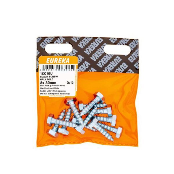 Eureka Coach Screw - Galvanised - Mild - 8  x  30mm - 12 Qty