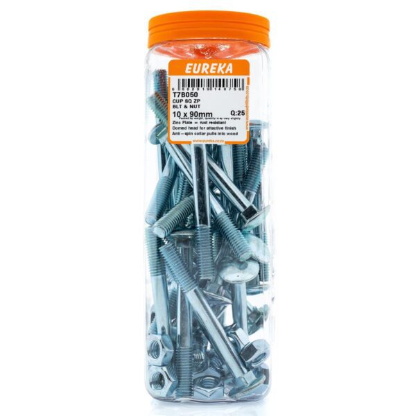Eureka Cup Square Zinc Plated Bolt & Nut - 10   x  90mm - 25 Qty