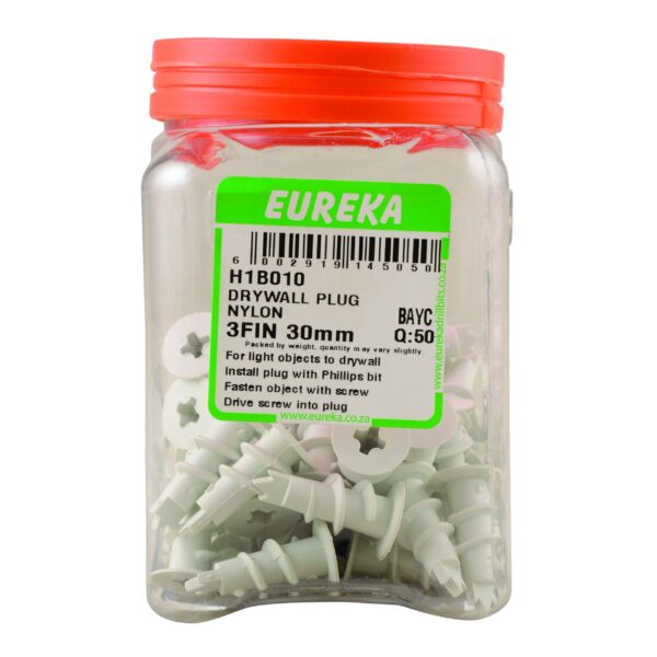 Eureka Drywall Plug - Nylon - 3Fin - 30mm - 50 Qty