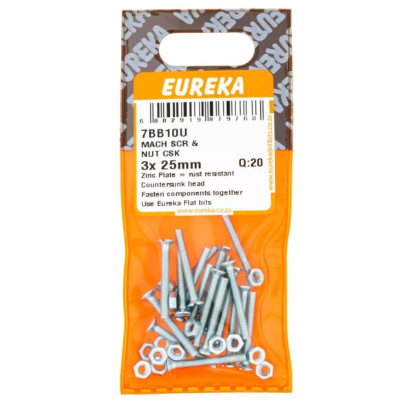 Eureka Machine Screw & Nut Countersank - 3  x  25mm - 20 Qty