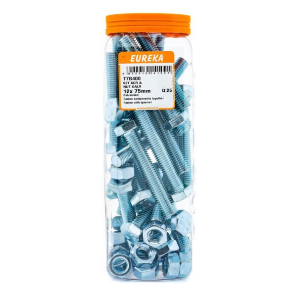 Eureka Set Screw & Nut - Galvanised - 12 x 75mm - 25 Qty