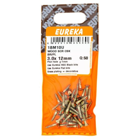 Eureka Wood  Screw -  Countersunk - Brass Plated - 3.0 x 12mm - 50 Qty