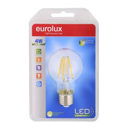 Eurolux LED Clear Filament Bulb A60 E27 4W- Warm-White