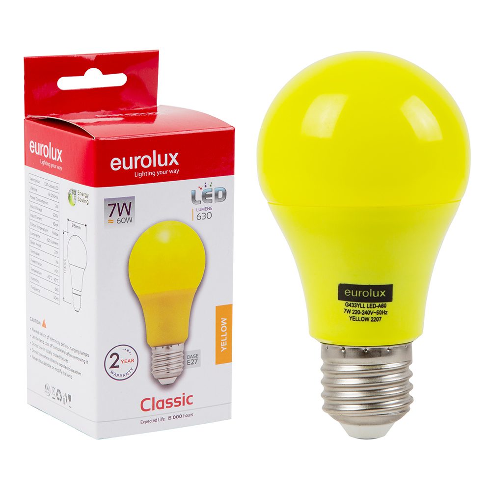 Eurolux LED Coloured A60 Globe E27 7W Yellow Build Africa