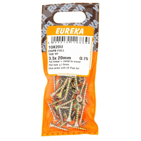 Eureka Chipboard Full Thread  Yellow Passivated  3.0X20mm - 75 Qty