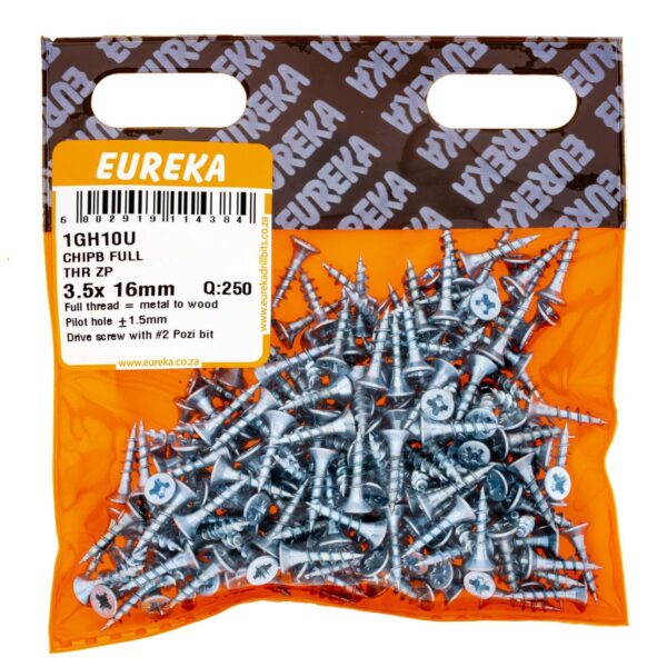 Eureka Chipboard - Full Thread Zinc Plated - 3.5 x 16mm - 250 Qty