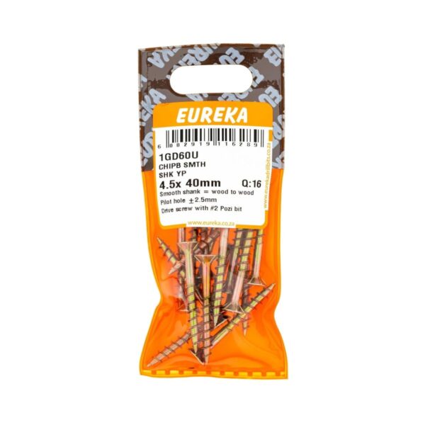 Eureka Chipboard Screw - Smooth Shank - Yellow Passivated -  4.5  x  40mm - 16 Qty