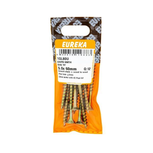 Eureka Chipboard Screw - Smooth Shank - Yellow Passivated -  5.0  x  60mm - 12 Qty