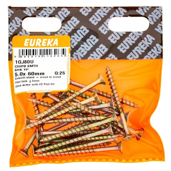 Eureka Chipboard Screw - Smooth Shank - Yellow Passivated -  5.0  x  60mm - 25 Qty