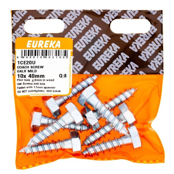 Eureka Coach Screw - Galvanised - Mild - 10  x  40mm - 8 Qty