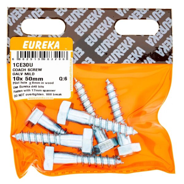 Eureka Coach Screw - Galvanised - Mild - 10  x  50mm - 6 Qty