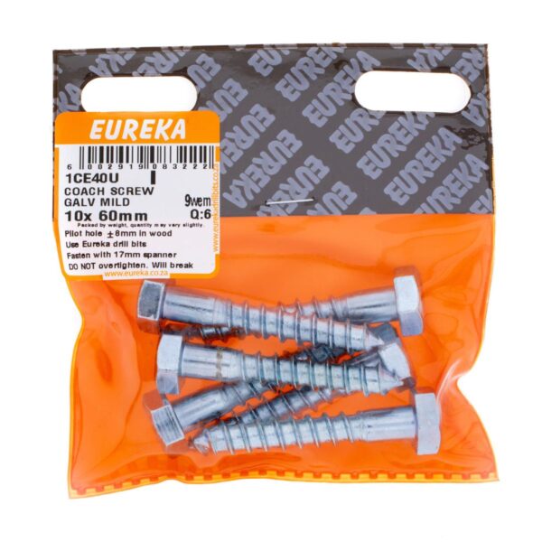 Eureka Coach Screw - Galvanised - Mild - 10  x  60mm - 6 Qty