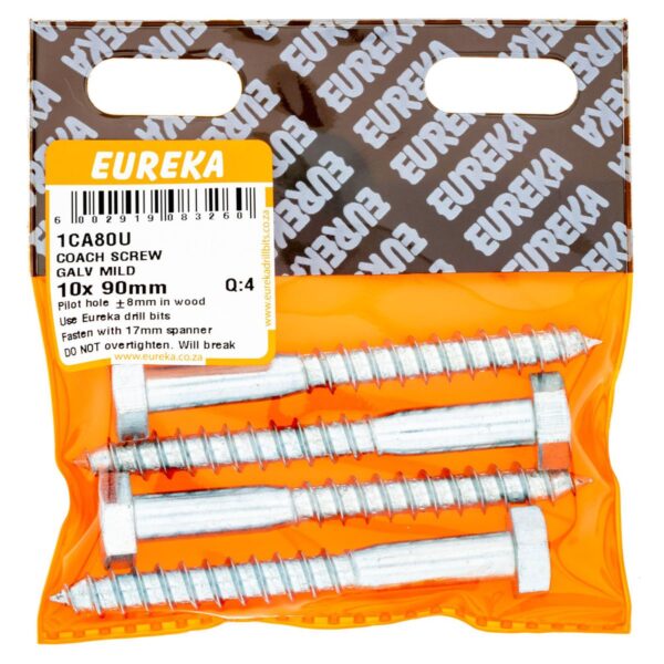 Eureka Coach Screw - Galvanised - Mild - 10  x  90mm - 4 Qty