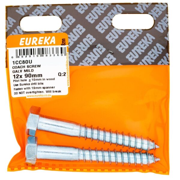 Eureka Coach Screw - Galvanised - Mild - 12  x  90mm - 2 Qty