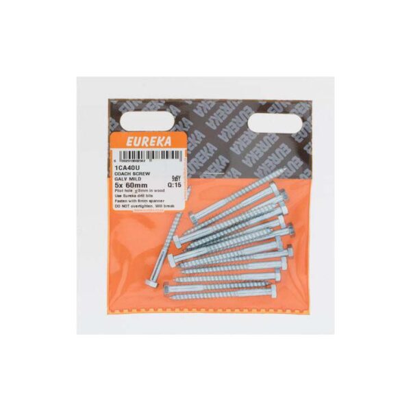 Eureka Coach Screw - Galvanised - Mild - 5  x  60mm - 15 Qty