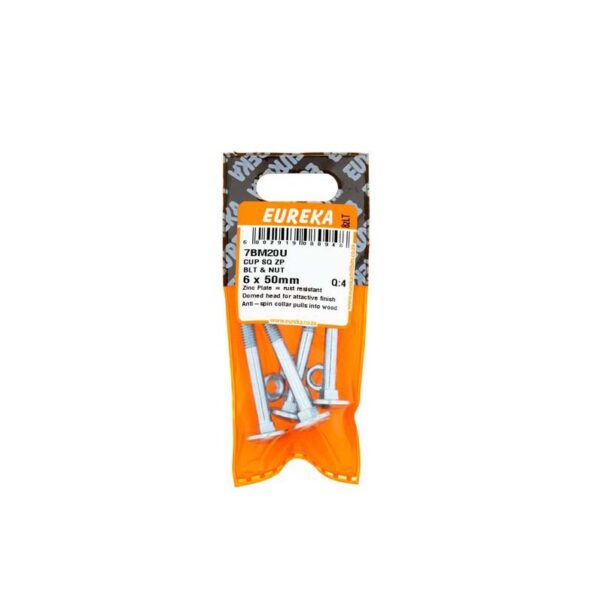 Eureka Cup Square Zinc Plated Bolt & Nut - 6  x  50mm - 4 Qty