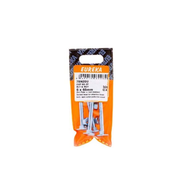 Eureka Cup Square Zinc Plated Bolt & Nut - 6  x  65mm - 4 Qty