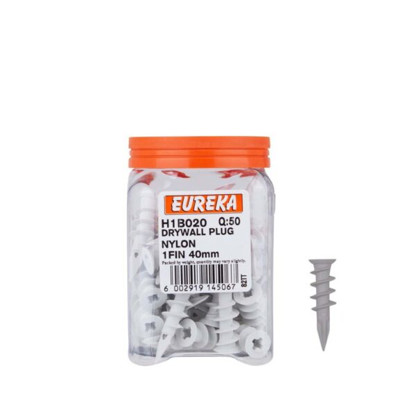 Eureka Drywall Plug - Nylon - 1Fin - 40mm - 50 Qty