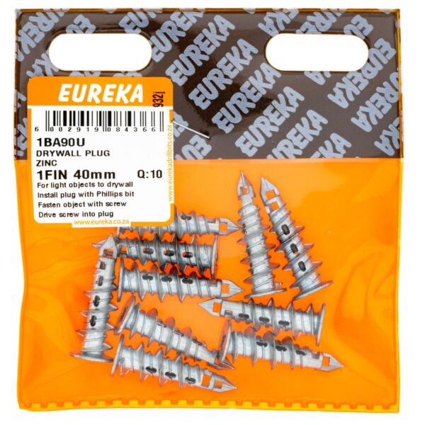 Eureka Drywall Plug - Zinc - 1Fin - 40mm - 10 Qty