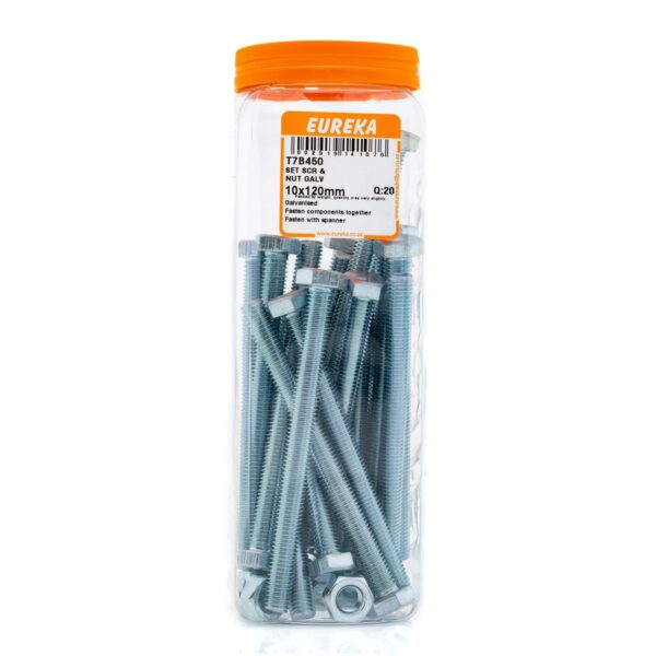 Eureka Set Screw & Nut - Galvanised - 10 x 120mm - 20 Qty