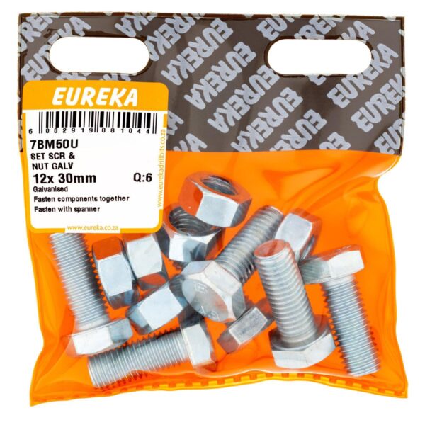 Eureka Set Screw & Nut - Galvanised - 12 x 30mm - 5 Qty