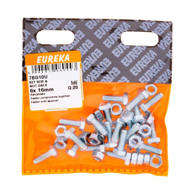 Eureka Set Screw & Nut - Galvanised - 6 x 16mm - 20 Qty
