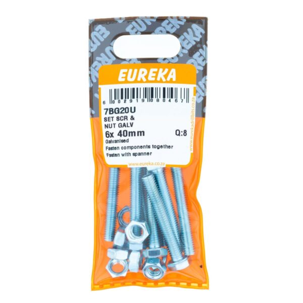 Eureka Set Screw & Nut - Galvanised - 6 x 40mm - 8 Qty