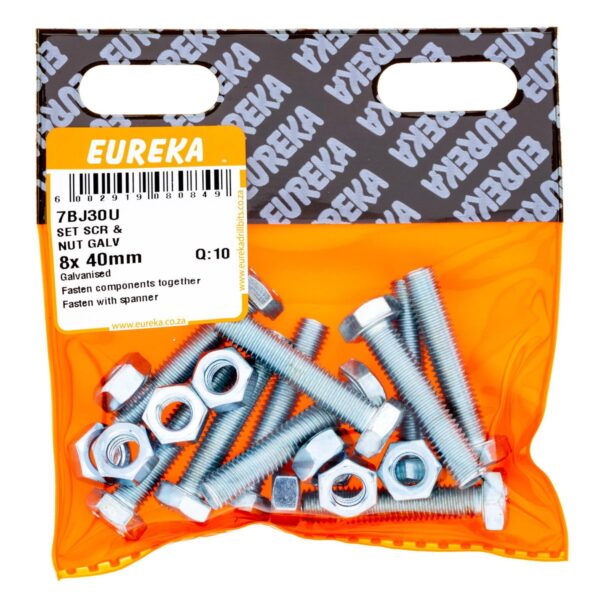 Eureka Set Screw & Nut - Galvanised - 8 x 40mm - 10 Qty
