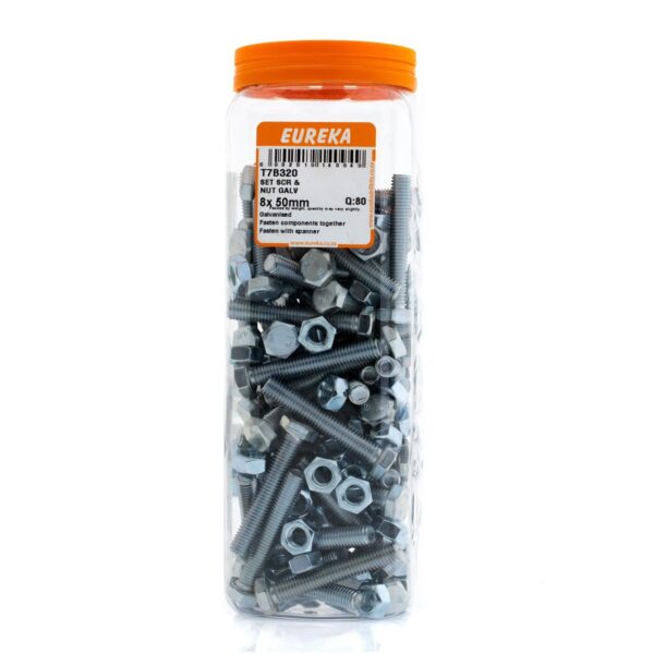 Eureka Set Screw & Nut - Galvanised - 8 x 50mm - 80 Qty