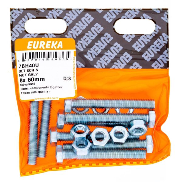 Eureka Set Screw & Nut - Galvanised - 8 x 60mm - 8 Qty