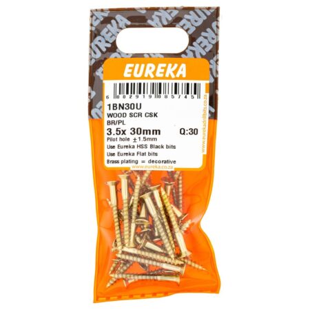 Eureka Wood  Screw -  Countersunk - Brass Plated - 3.5 x 30mm - 30 Qty