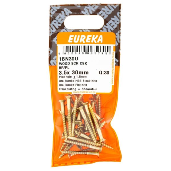 Eureka Wood  Screw -  Countersunk - Brass Plated - 3.5 x 30mm - 30 Qty