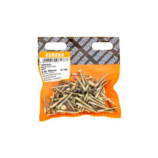 Eureka Wood  Screw -  Countersunk - Brass Plated - 4.0 x 30mm - 100 Qty