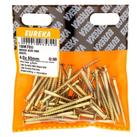 Eureka Wood  Screw -  Countersunk - Brass Plated - 4.0 x 50mm - 50 Qty