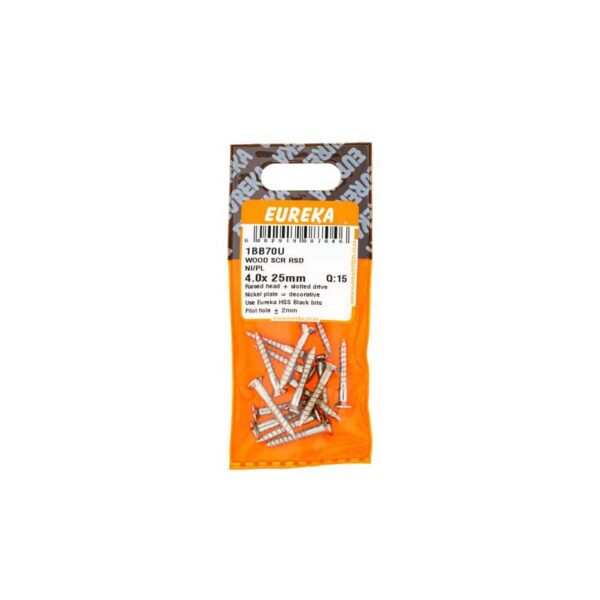 Eureka Wood  Screw - Raised - Nickel Plated - 4.0 x 25mm - 15 Qty