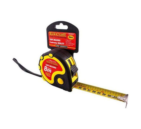 Tork Craft Measuring Tape Self Lock Stainless Steel & Rubber Casing Matt Finish -  8 Metres X 25mm