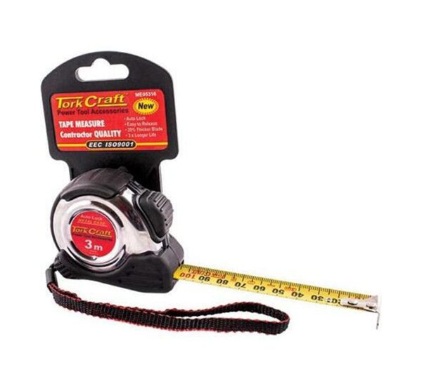 Tork Craft Measuring Tape Self Lock  Stainless Steel & Rubber Casing Matt Finish - 3 Metres X 16mm