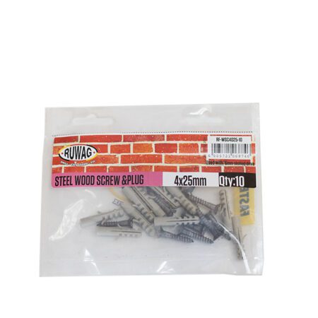 Ruwag Steel Wood Screw & Plug - 4 x 25mm - 10 Qty