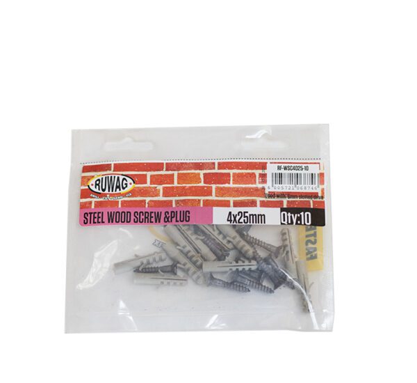 Ruwag Steel Wood Screw & Plug - 4 x 25mm - 10 Qty