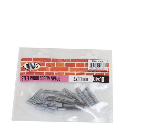 Ruwag Steel Wood Screw & Plug - 4 x 30mm - 10 Qty