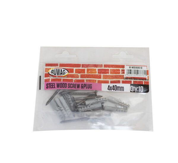 Ruwag Steel Wood Screw & Plug - 4 x 40mm - 10 Qty