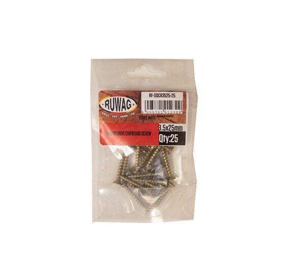 Ruwag Sqaure Drive - Chip Board Screw - 3.5 x 25mm - 25 Qty