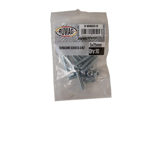 Ruwag Ch/Machine Screw   - Slotted & Nut - 5 x 25mm - 10 Qty